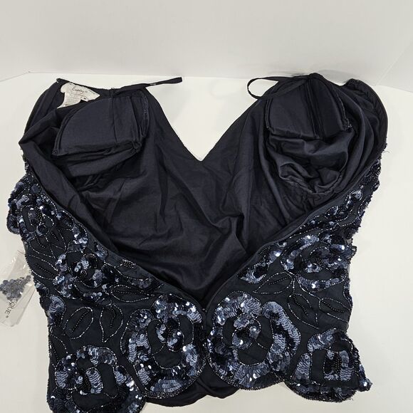 PAPELL Boutique Evening Navy Sequin Beaded Silk Scalloped Hem Blouse Top Size M - Picture 9 of 12